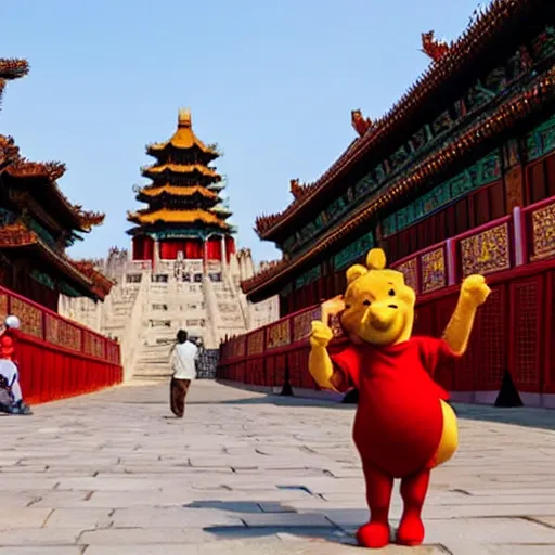 Prompt: winnie the pooh explores the forbidden city in china