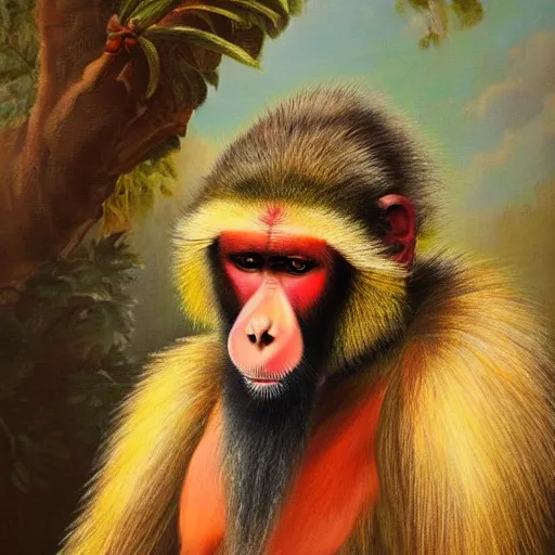 Prompt: An exquisite oil painting of a mandrill baboon dressed like Prince Philip with a lovely beard