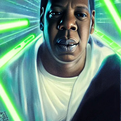 Prompt: Jay-Z as a Jedi from Star Wars fighting darth Vader , green light saber, realistic portrait, symmetrical, highly detailed, digital painting, artstation, concept art, smooth, sharp focus, illustration, cinematic lighting, art by artgerm and greg rutkowski and alphonse mucha