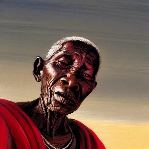 Image similar to a painting of a wise elder from Kenya by Kara Walker. dramatic angle, ethereal lights, details, smooth, sharp focus, illustration, realistic, cinematic, artstation, award winning, rgb , unreal engine, octane render, cinematic light, macro, depth of field, blur, red light and clouds from the back, highly detailed epic cinematic concept art CG render made in Maya, Blender and Photoshop, octane render, excellent composition, dynamic dramatic cinematic lighting, aesthetic, very inspirational, arthouse.