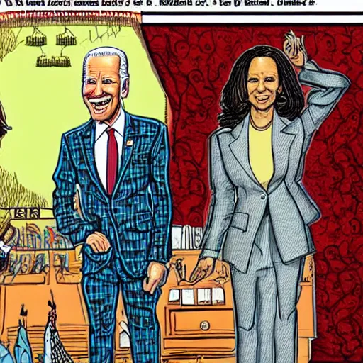 Image similar to The Artwork of R. Crumb and his Cheap Suit - Joe Biden and Kamala Harris, pencil and colored marker artwork, trailer-trash lifestyle