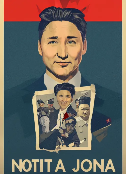 Image similar to propaganda poster justin trudeau as ruler of north korea, 8 k, trending on artstation