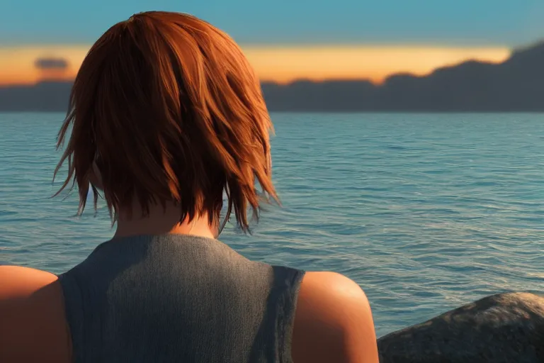 Image similar to a photo of max caulfield watching sunset on the sea, hyperrealistic, cinematic, 8 k, highly detailed, ue 5