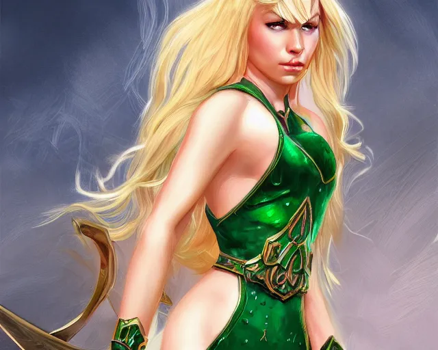 Image similar to A blonde emerald warrior, HD, illustration, epic, fantasy, intricate, elegant, amazing detail, digital painting, artstation, concept art, smooth, sharp focus, illustration, art by Frank Neidhardt