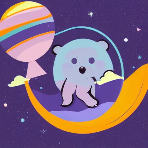 Prompt: cartoon illustration of a bear mascot being launched from a futuristic marble planet, purple and orange cloudland