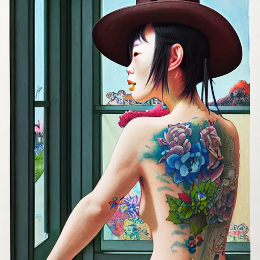 Image similar to full view, from a distance, of taiwanese girl with tattoos, wearing a cowboy hat, standing at the window, style of yoshii chie and hikari shimoda and martine johanna and edward hopper, highly detailed