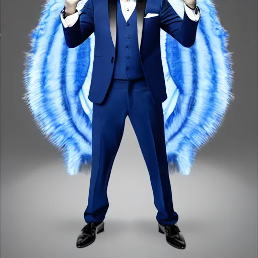 Image similar to a studio photograph of a blue lion wearing a tuxedo suit,professional photography,studio lighting,studio photo,professional lighting,3 point lighting,dramatic,4k,detailed face,hyperdetailed,photorealistic,digital art,ultra realistic,ultra detailed,art by greg rutkowski