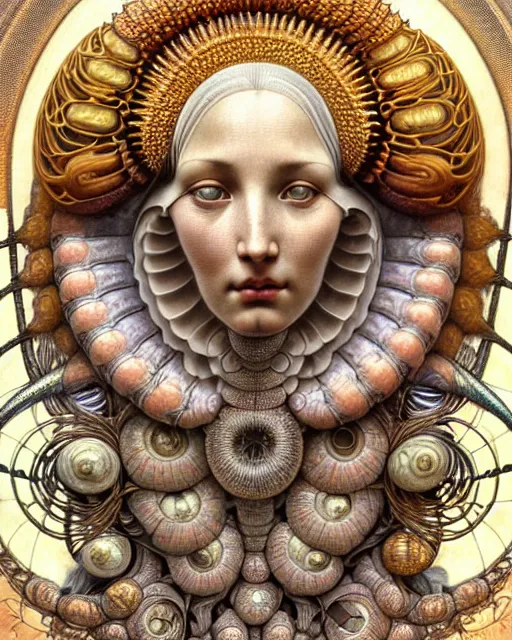 Image similar to hyperrealistic detailed face portrait of the beautiful goddess of the giant isopods with an intricate golden ornamental geometrical fractal giant isopod headdress, art by ernst haeckel, john william godward, android jones, alphonso mucha, h. r. giger, gothic - cyberpunk, ornamental, dimmed pastel colours,