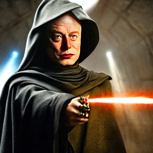 Image similar to elon musk as emperor palpatine as seen in raiders of the lost ark, 8k resolution, full HD, cinematic lighting, award winning, anatomically correct