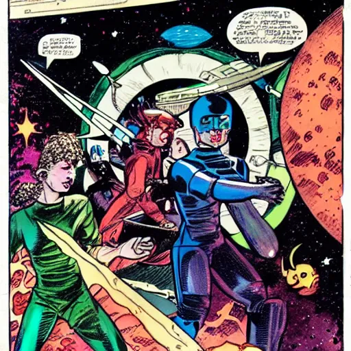 Image similar to space opera battle, art by wally wood