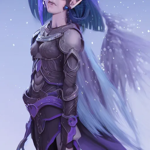 Image similar to an elf girl with grey skin with blues and long purple hair, wearing armor, highly detailed, digital painting, artstation, matte, by makoto shinkai, animation style
