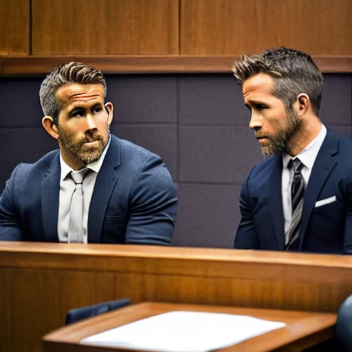 Image similar to ryan reynolds on trial sitting beside his lawyer in a courtroom, highly detailed, extremely high quality, hd, 4 k, 8 k, professional photographer, 4 0 mp, lifelike, top - rated, award winning, realistic, detailed lighting, detailed shadows, sharp, no blur, edited, corrected, trending