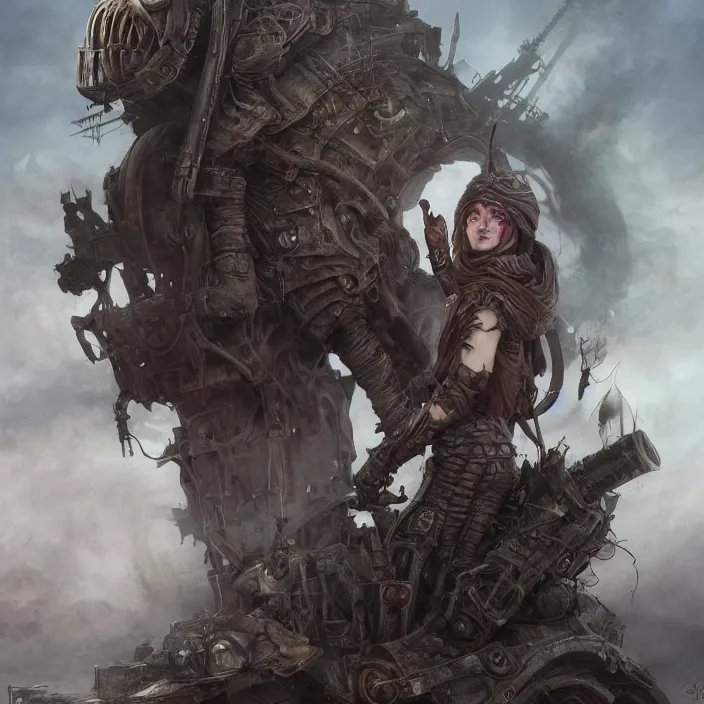 Image similar to beautiful apocalyptic woman in hooded cloak, standing on mad max panzer tank, hyper-detailed, smooth, sharp focus, 4k ultra hd, fantasy dark art, tank girl, artgerm, artstation, octane render, detailed digital painting, apocalyptic art, peter mohrbacher, Francis bacon