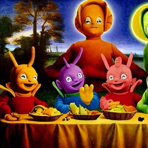 Prompt: renaissance painting of the teletubbies at final supper, long table, drinking, eating, nightmare fuel