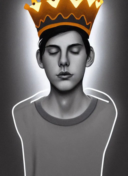 Prompt: portrait of teenage jughead jones wearing a light grey crown, photorealistic, crown, eyes closed, crown, black hair, sweater with letter s on it, letter s, intricate, elegant, glowing lights, highly detailed, digital painting, artstation, concept art, smooth, sharp focus, illustration, art by wlop, mars ravelo and greg rutkowski