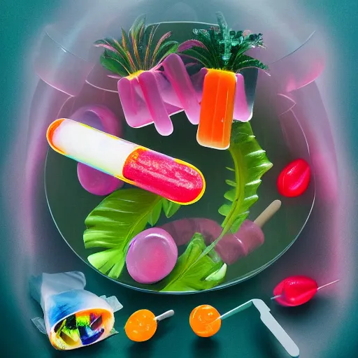 Image similar to a neon translucent transparent plastic hotdog surrounded by bits of fur, popsicles, and exotic tropical plants, chiaroscuro baroque painting, still life, detailed octane render, 8k