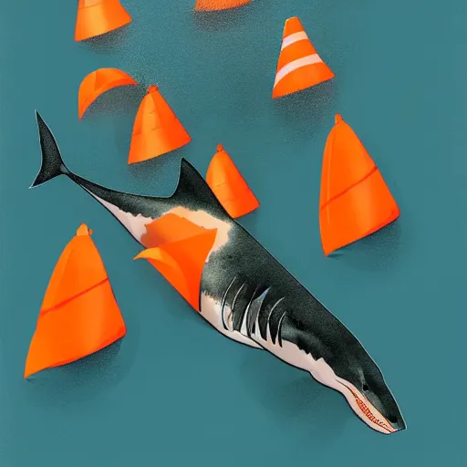 Prompt: great white shark with a conical orange traffic cone orange traffic cone orange traffic cone instead of a fin - ron cheng & alphonse mucha, highly detailed, digital painting, ray tracing, concept art, illustration, smooth sharp focus, intricate, symmetry, artstation,