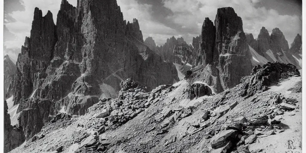 Image similar to 1920s photography of the god of the dolomites, dark, eerie