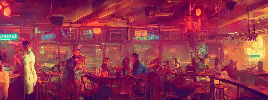 Image similar to concept art, crowded retro - futurist speakeasy, reflections, eerie neon lighting, beautiful plants, colourful flowers, style of bladerunner, octane render, artstation, james jean, syd mead, akihiko yoshida, cinematic