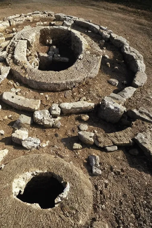 Prompt: 9,000-Year-Old Underground Settlement With Megalithic Stone Circle, Discovered Beneath The Mediterranean Sea