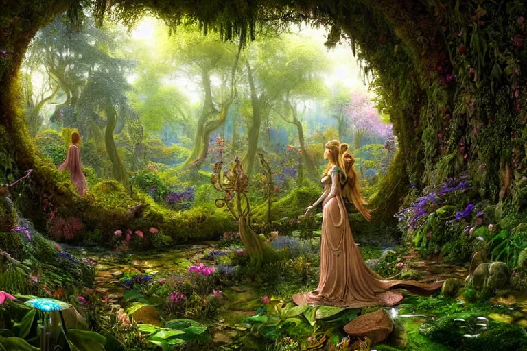 Image similar to a beautiful and highly detailed matte painting of an elven princess in beautiful garden in a mystical forest, psychedelic patterns, celtic designs, intricate details, epic scale, insanely complex, 8 k, sharp focus, photorealism, artstation, cgsociety, by caspar friedrich, albert bierstadt, james gurney, brian froud,