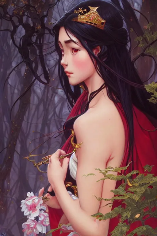 Prompt: Rei Hino as a princess, fantasy, intricate, elegant, highly detailed, digital painting, artstation, concept art, matte, sharp focus, illustration, art by Artgerm and Greg Rutkowski and Alphonse Mucha