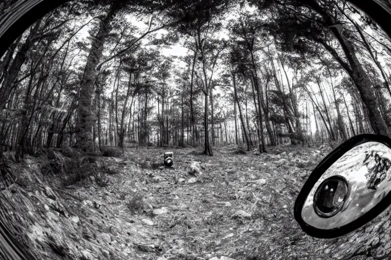 Prompt: fisheye view of a trail cam on an alien planet, a curious alien carnivore looking into the camera, black an white, infrared, 4k realistic