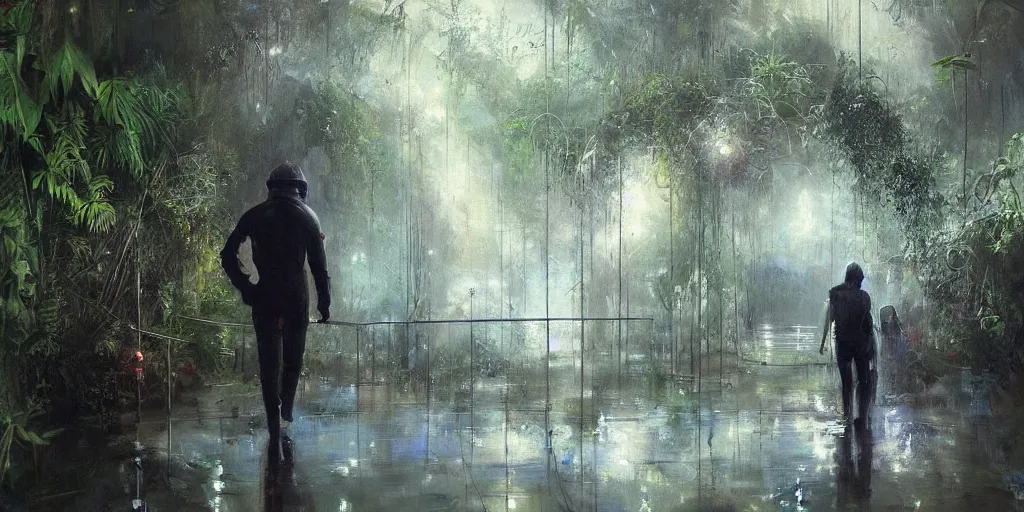 Prompt: an atmospheric painting of an astronaut walking through a flooded underground that is overgrown with jungle plants and vegetation, beautifully lit and highly detailed painting by Johnny Morant