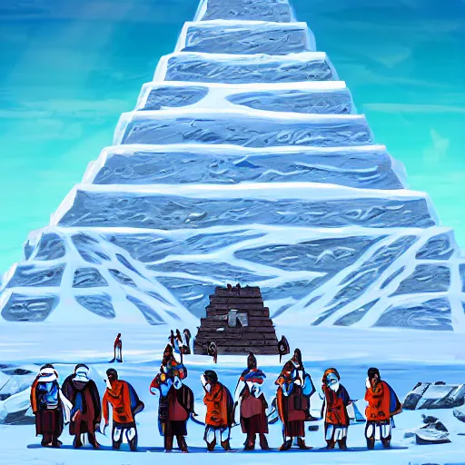 Image similar to ancient digital art, trending on artstation, civilization from antarctica worshiping their god in front of an iced pyramid.