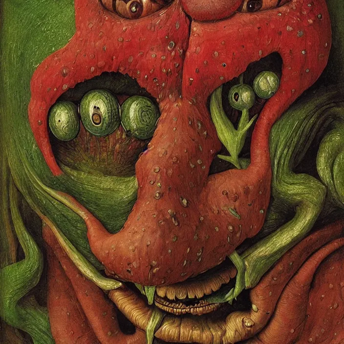 Prompt: close up portrait of a mutant monster creature with face in the shape of a colorful exotic carnivorous plant, snail - like protruding eyes. by jan van eyck, walton ford