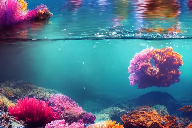 Prompt: ultra realistic underwater photography, panoramic picture of a river with a big number of large, brightly colourful fish. lots of bubbles, little seaweed and some rocks. gloomy scattered light entering from the water surface, artstation, 8 k