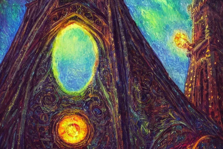 Image similar to impressionist painting of a sorcerer's magical tower, dark tones, bright flash, ant's eye view, ground view, intricate magic details, wizard tower, bursting with magic