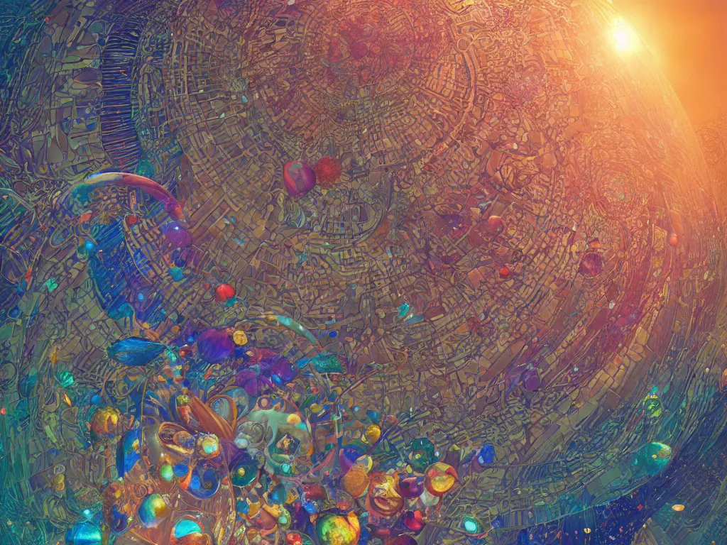 Image similar to 3 d render, sunlight study, the universe is a spheroid region 7 0 5 meters in diameter, art nouveau, by hans zatzka and ( ( ( ( ( lisa frank ) ) ) ) ), 8 k, sharp focus, octane render