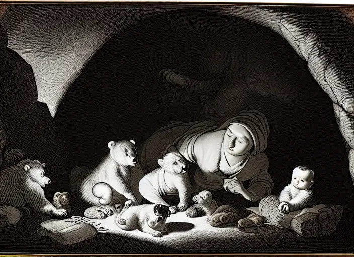 Image similar to Pieter Claesz's 'bear and her cubs sleeping in a dark cave lit by campfire', night time, cross hatching, framed