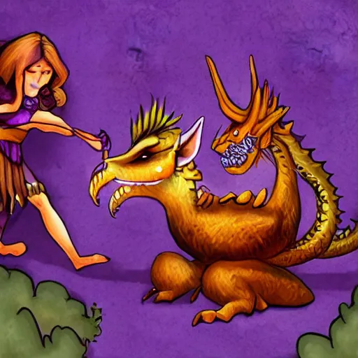 Image similar to purple dragon taming a gnome, fantasy illustration