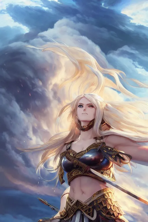 Prompt: beautiful attrative face valkyrie with stormy wind and fire cloud around her, light flowing hair, anime key visual, absurdly beautiful, highly detailed, sharp focus, concept art, granblue fantasy, anime by serafleur / d pin / rongzhen luo / mingdosa / ruan jia / gemi ningen