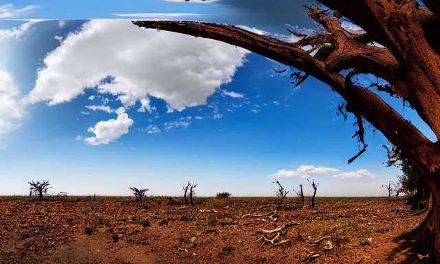 Image similar to panorama of big raindrops flying upwards into the perfect cloudless blue sky from a dried up river in a desolate land, dead trees, blue sky, hot and sunny highly-detailed, elegant, dramatic lighting, artstation, 4k, cinematic landscape, photograph by National Geographic