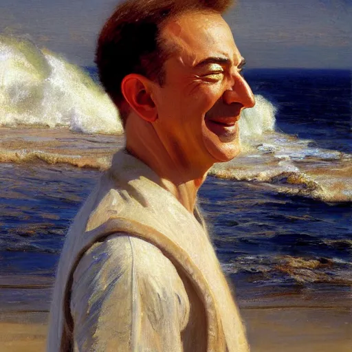 Prompt: detailed cinematic shot of jeff bezos with white clothes in the mediterranean beach, spring light, painting by gaston bussiere, craig mullins, j. c. leyendecker