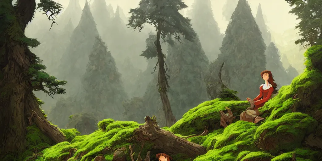 Image similar to a 2 d forest background in transylvania, rocks, dead trees, castle in the background, moss, in the style of studio ghibli, j. c. leyendecker, greg rutkowski, artgerm