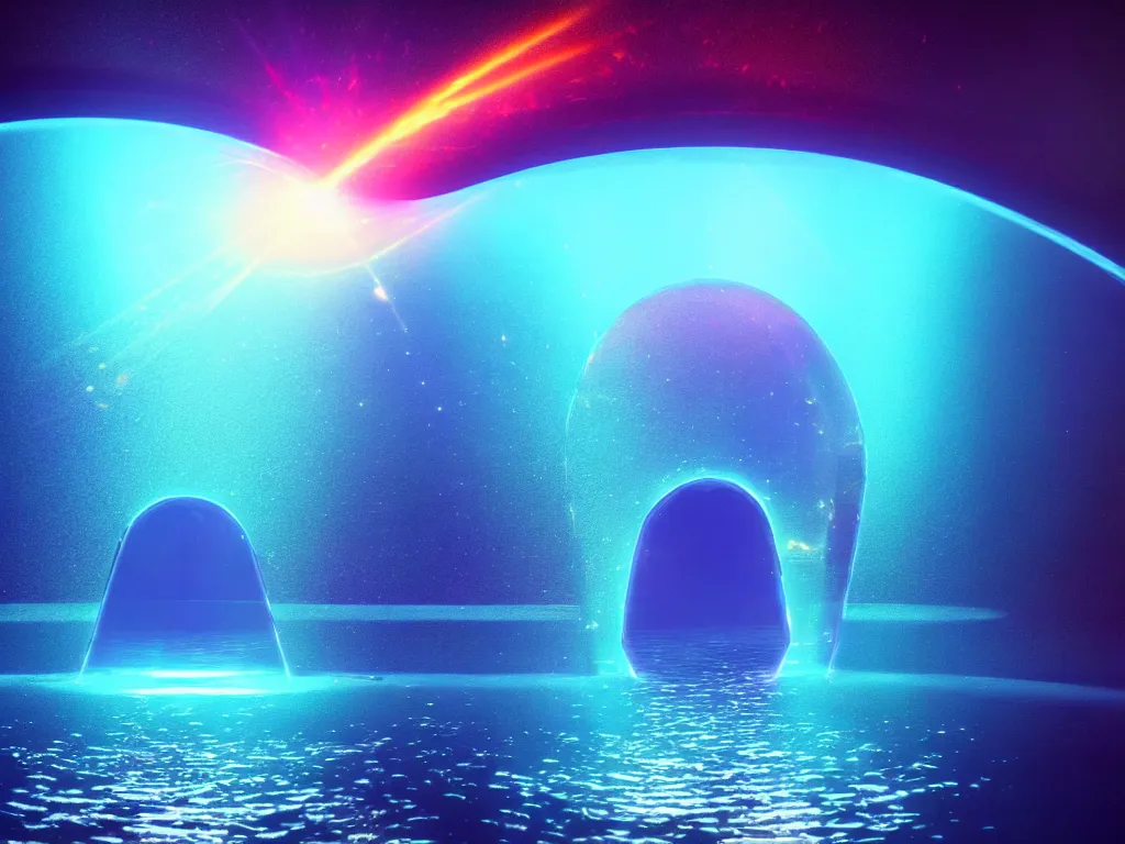 Prompt: beautiful oil on canvas of one beautiful magical gleaming holographic portal to another world, in a lake, opening under the water, magical, ethereal, sci - fi, art, 8 k render octane high definition