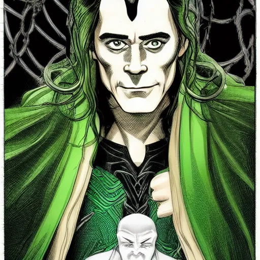 Prompt: The artwork is conceptual artwork for a graphic novel that shows Loki, the god of mischief, in a variety of emotional states. Lee Garbell produced the artwork in 2015. The illustration is wonderfully detailed, and each expression on Loki's face is well captured.