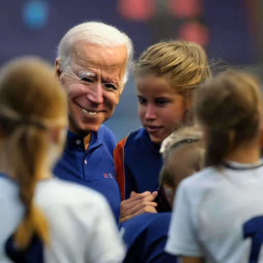 Prompt: Joe Biden as a girls soccer coach in the huddle, smelling their hair