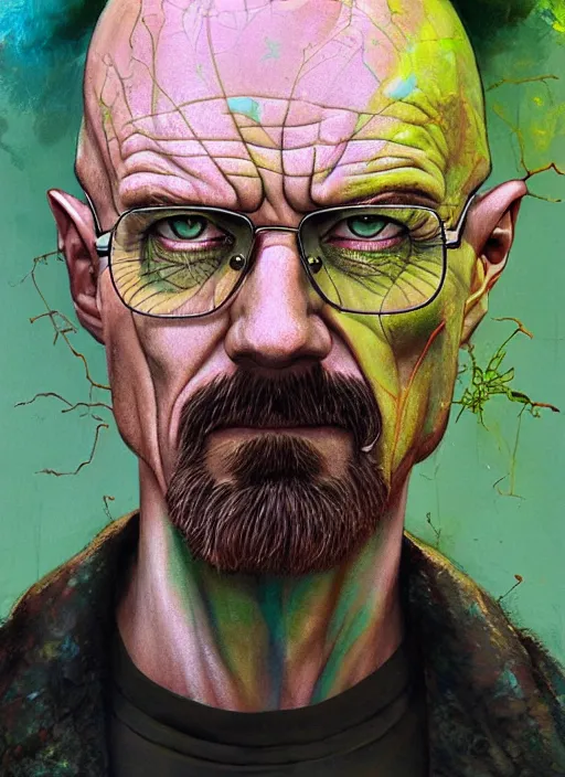 Image similar to a Demon Slayer portrait of Walter White, tall, pale-skinned, slender with lime green eyes and long eyelashes by Stanley Artgerm, Tom Bagshaw, Arthur Adams, Carne Griffiths, trending on Deviant Art, street art, face enhance, chillwave, maximalist, full of color, glittering