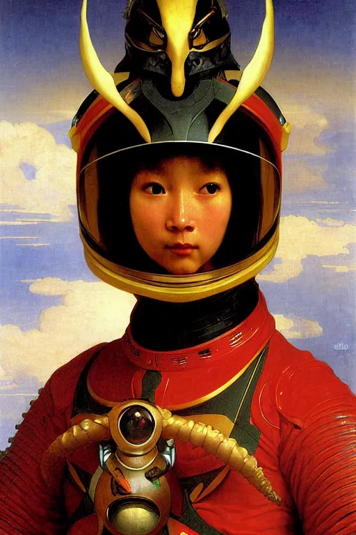 Image similar to portrait of a evil dragon astronaut with chinese dragon armor and helmet, majestic, solemn, by bouguereau