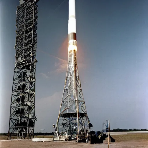 Prompt: a gigantic birthday candle on the launch pad for the Apollo 11 mission