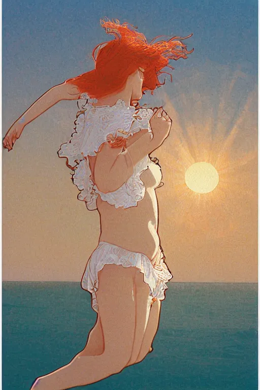 Image similar to A girl in a white lacy bikini and white sun hat and Holding a heart-shaped lifebuoy, jumping for joy,long orange hair floating on air ,Waves and splashes,beach ,Smooth visual lines,graphic Design by mucha