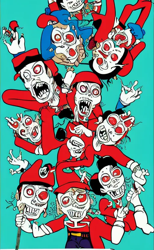 Image similar to horrorcore cel animation poster depicting gory waldo eating the deceased power puff girls, intricate faces, metropolis, 1 9 5 0 s movie poster, post - processing, vector art