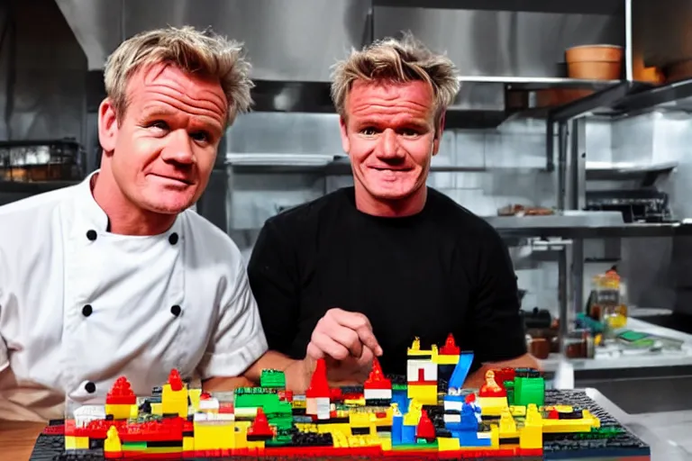 Image similar to gordon ramsey building a lego food