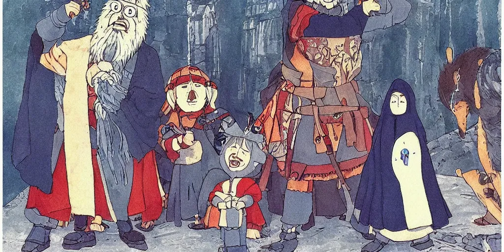 Image similar to Ivan the Terrible and his son anime characters, Ghibli style, Hayao Miyazaki, Kazua Oga