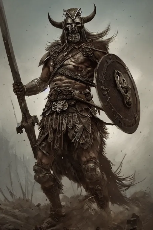 Prompt: skeletal viking warrior in the middle of battle, highly detailed, artstation, art by artgerm and greg rutkowski,